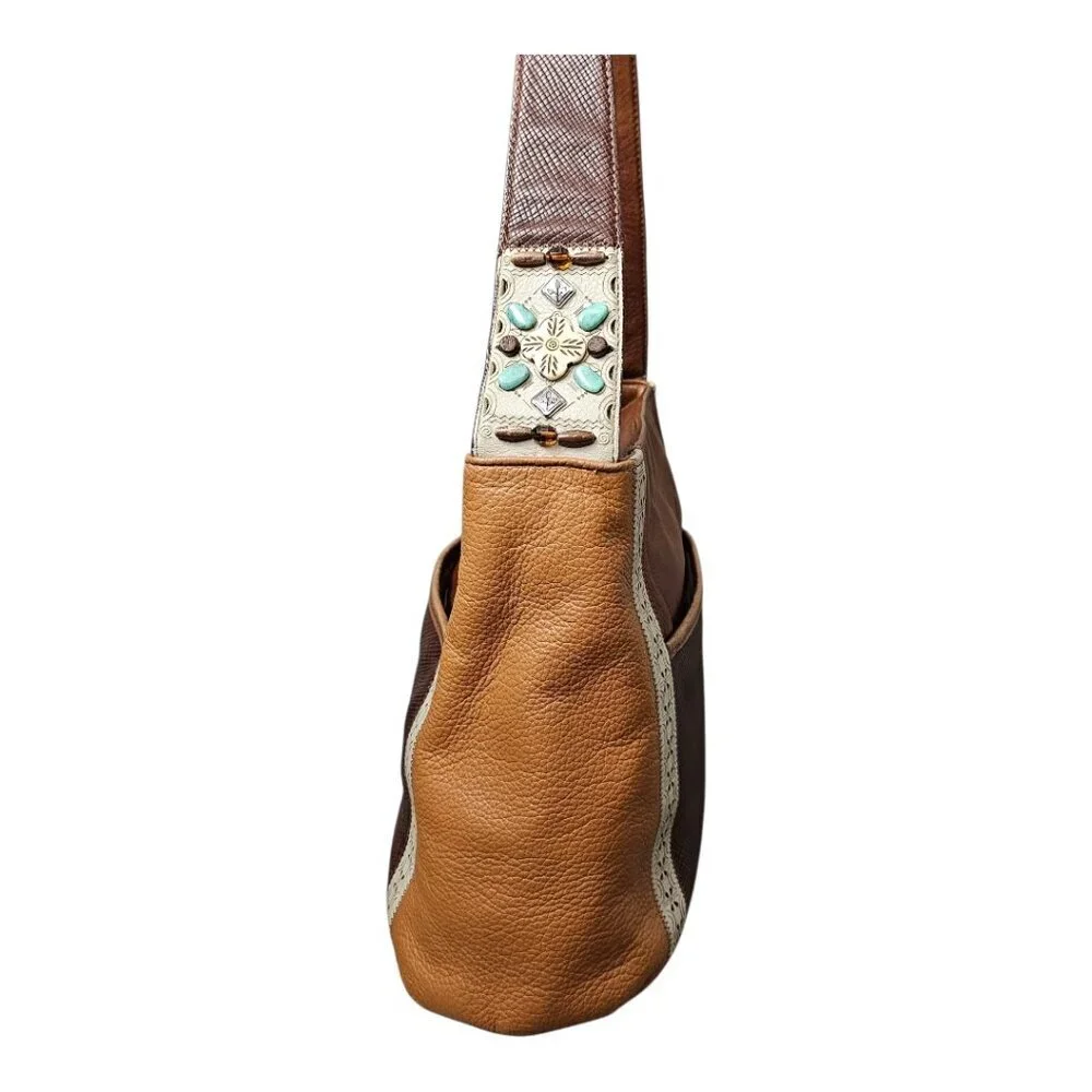 BRIGHTON SAHARA Two Tone Leather Hobo Turquoise Beaded Brown Shoulder Bag